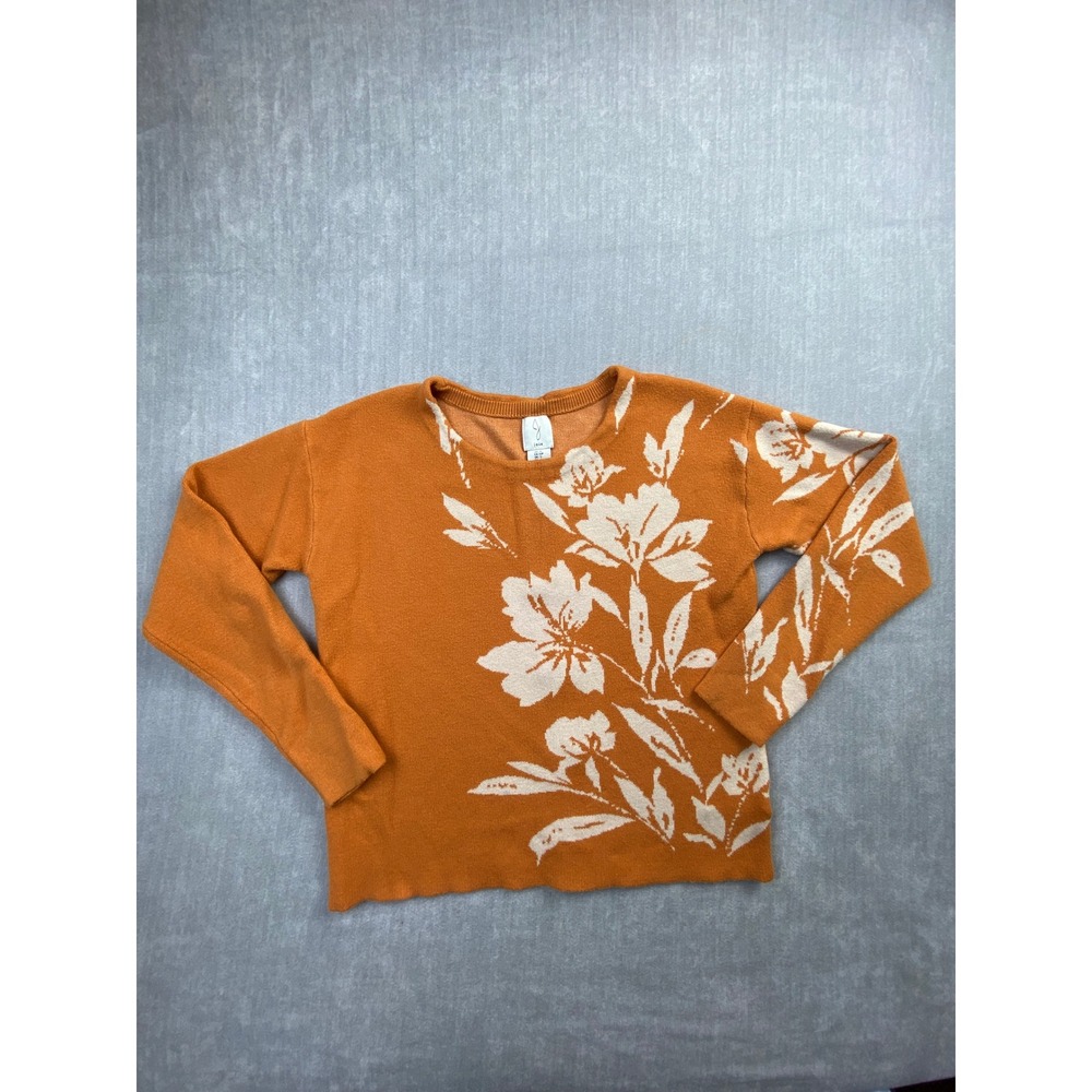 Joie Burnt Orange Floral Intarsia Button Back Crewneck Sweater Small